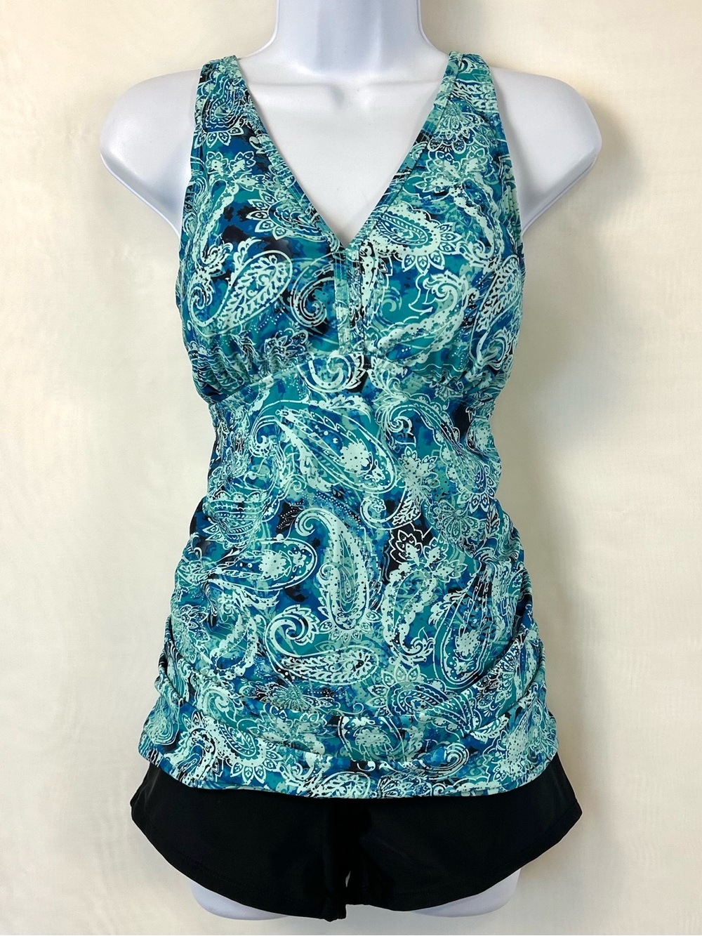 New Yonique Women’s Teal & Black 2 Piece Tankini Swimsuit w/ Shorts size 12